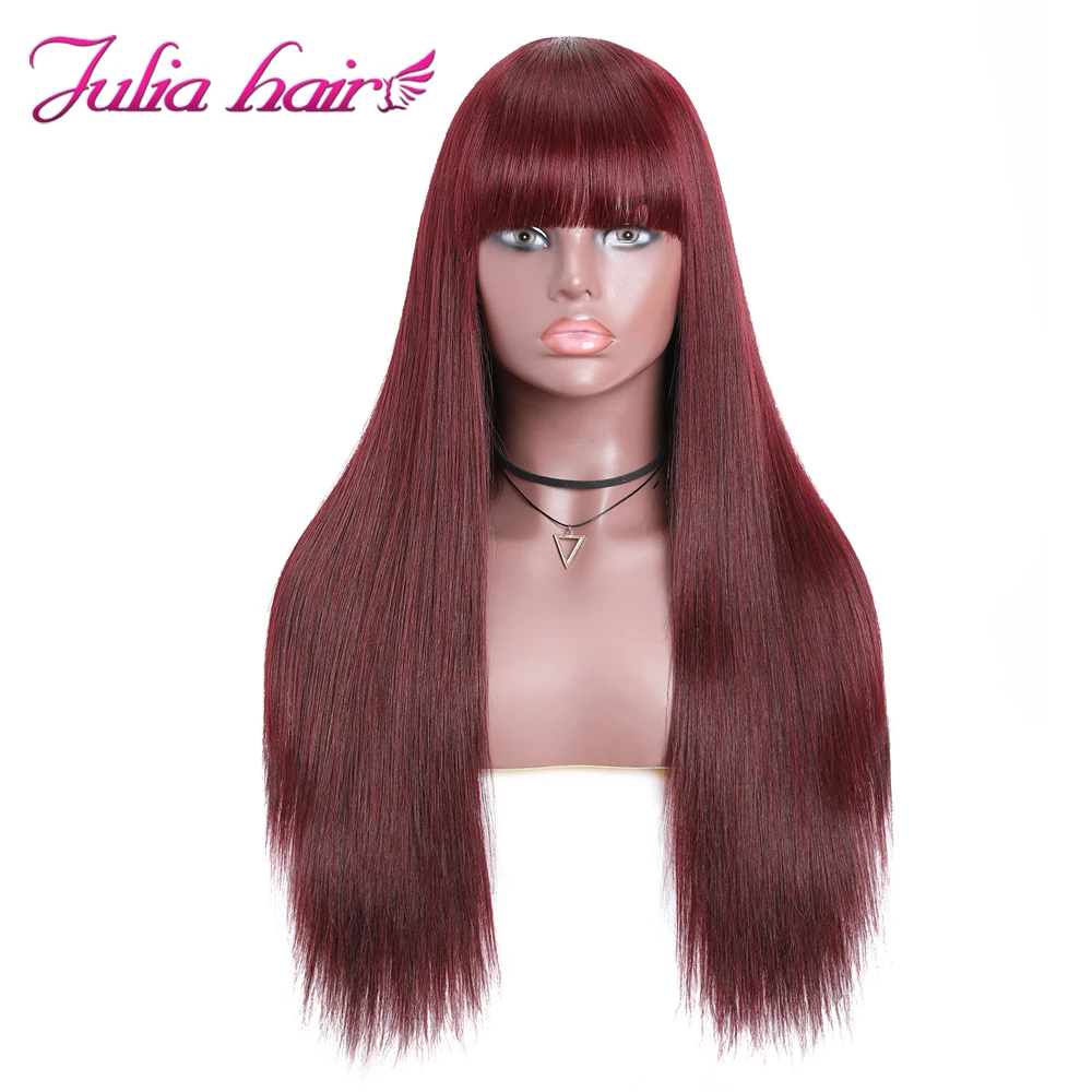 Brazilian Hair Wig With Bangs Color 99J Machine Made Straight Human Hair Wigs Ali Julia Remy Hair Highlight Wig with Bangs (3)