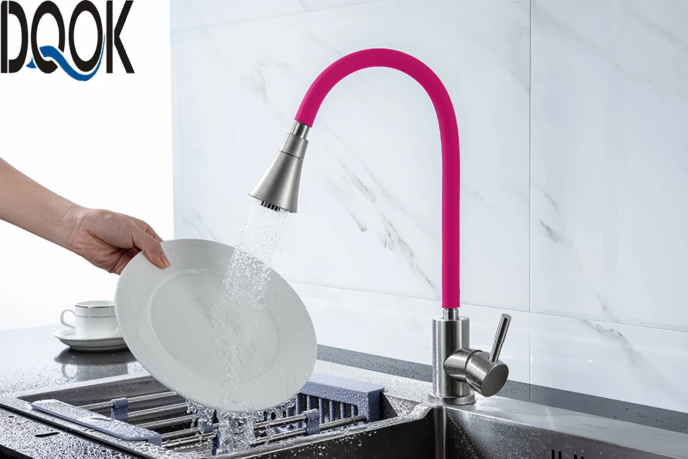 DQOK Silica Gel Nose Any Direction Rotating Kitchen Faucet Cold and Hot Black Blue Water Mixer Red Single Handle Kitchen Tap