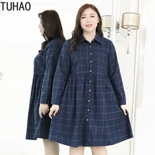 TUHAO alta calidad Otoño Invierno Oficina señora Plaid grueso mujeres vestido de talla grande 10XL 9XL 8XL elegante mujer VESTIDOS DE TRABAJO ROPA(China)