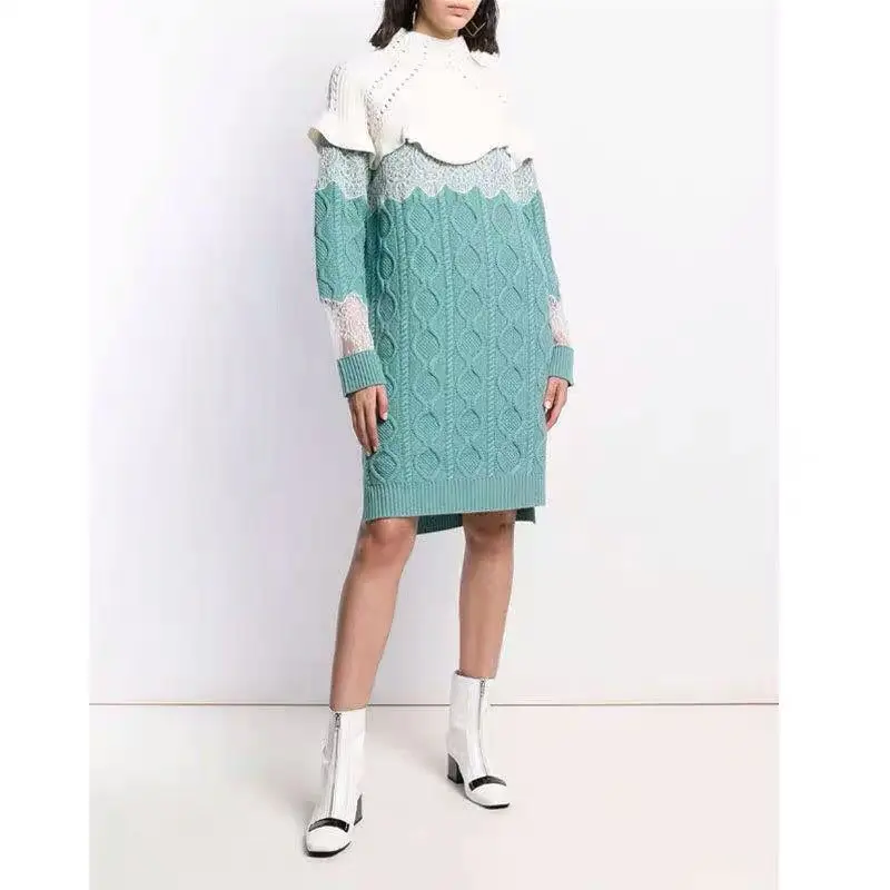 New Runway Women's Long Sweaters Lace Patchwork Ruffles Designer Pullovers Female Irregular Half Turtle Neck Knitted Jumpers Top | Женская