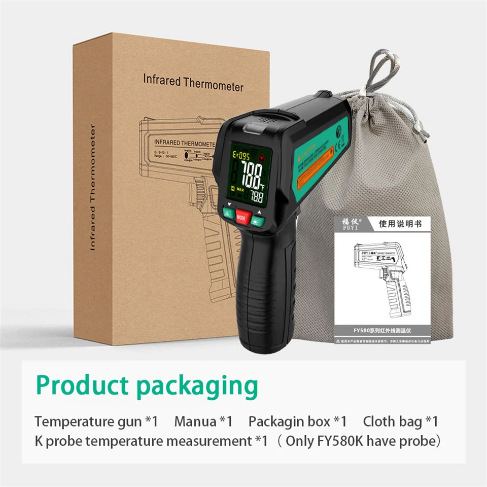 Industrial Infrared Thermometer Non Contact Temperature Gun Laser Handheld IR Pyrometer Colorful LCD Display 50-580C With Alarm
Industrial Infrared Thermometer Non Contact Temperature Gun Laser Handheld IR Pyrometer Colorful LCD Display 50-580C With Alarm