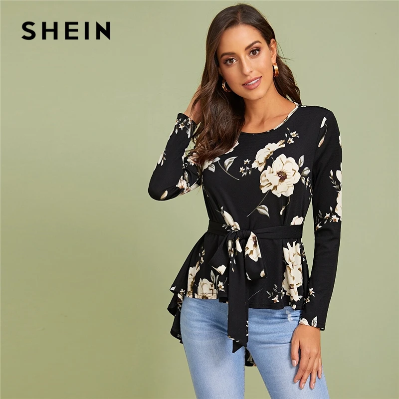 

SHEIN Floral Print Self Belted Dip Hem Blouse Top Women Spring Autumn Long Sleeve Round Neck Elegant Tops and Blouses