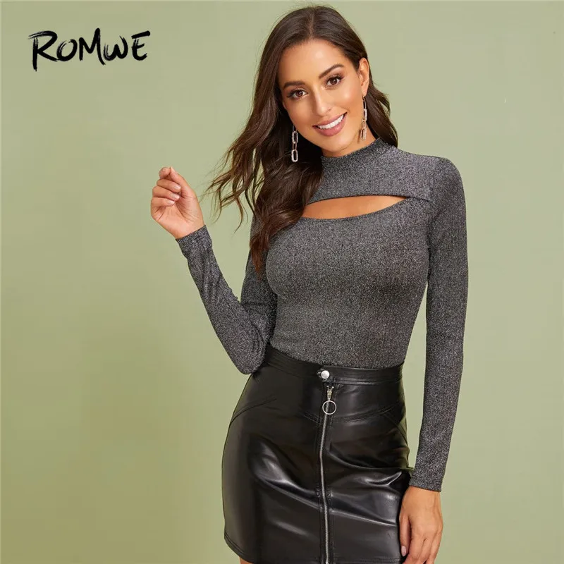 ROMWE Mock-Neck Cut Out Front Glitter T Shirt Fall Spring Woman Clothes Slim Fit Long Sleeve Shirt Solid Sexy Shirt Ladies Tops
ROMWE Mock-Neck Cut Out Front Glitter T Shirt Fall Spring Woman Clothes Slim Fit Long Sleeve Shirt Solid Sexy Shirt Ladies Tops
