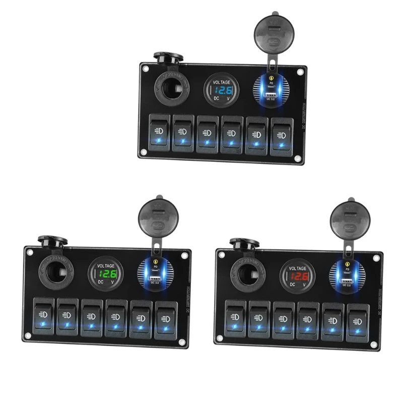

68UF USB Socket Charger LED Voltmeter 6 Position Power Multi Outlet ON-OFF Toggle Switch Panel for Car Boat Marine RV