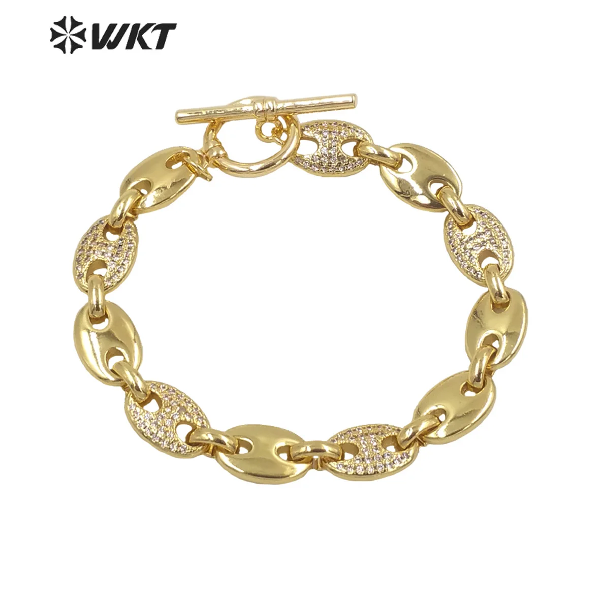 

WT-MB119 Wholesale Fashion gold electroplated micropave cubic zircon coffe bean bracelet women trendy gold metal punk bracelet