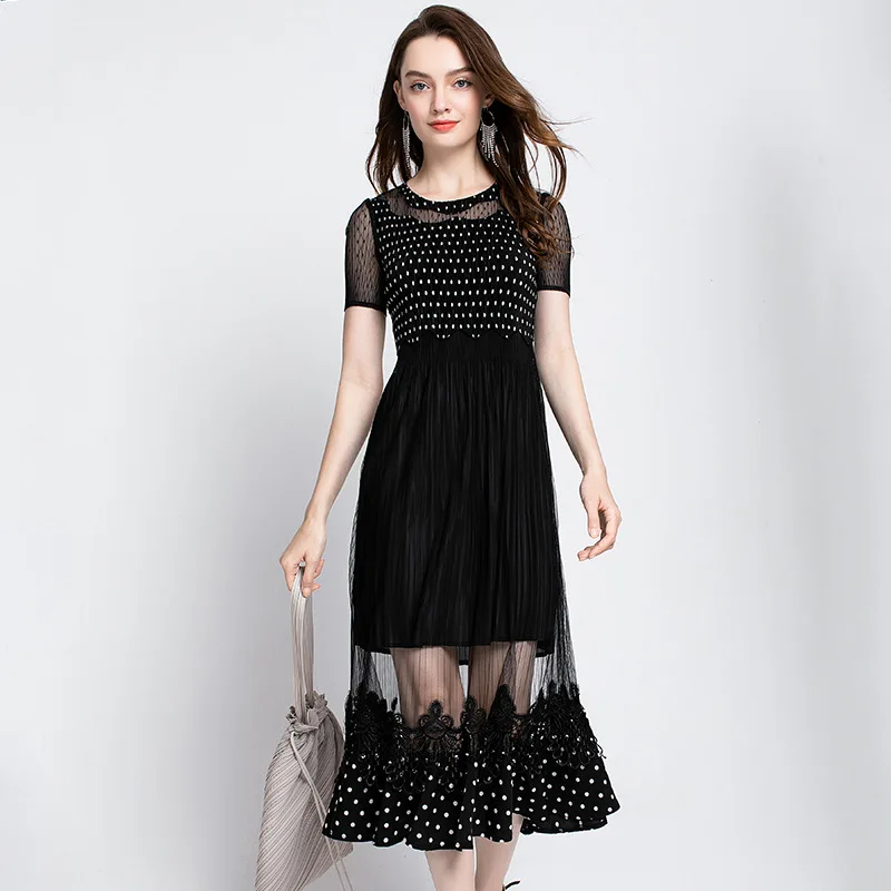 Plus Size Dress Summer Women Boutique Dot Patchwork Mesh Miyake Pleated Round Neck Short Sleeves Elegant Black Dress Midi
Plus Size Dress Summer Women Boutique Dot Patchwork Mesh Miyake Pleated Round Neck Short Sleeves Elegant Black Dress Midi