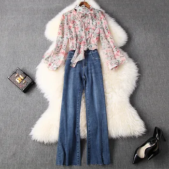 Two piece set top and pants ruffles bow collar floral print chiffon blouses 2020 women jeans pants flare pant suit
Two piece set top and pants ruffles bow collar floral print chiffon blouses 2020 women jeans pants flare pant suit