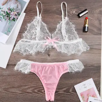 

Pink Applique Sheer Lace Lingerie Set With Choker Women See Through Intimates 2019 Transparent Underwear Bra And Briefs B4
