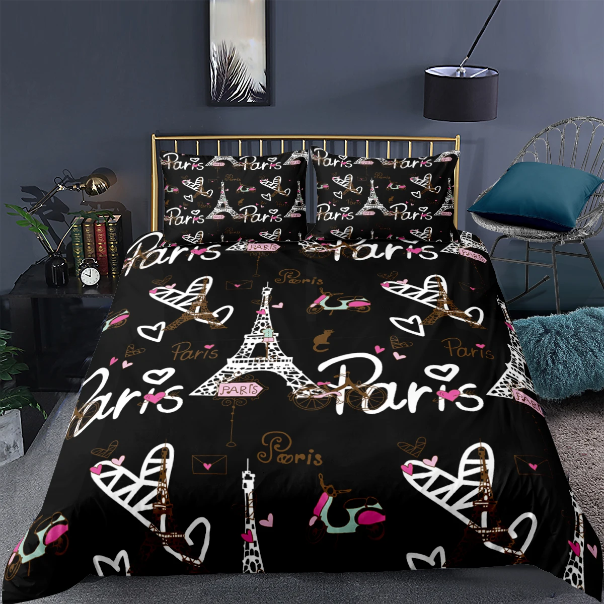 France Paris Tower Love Bedding Set Black Bed Set Romantic Letters Heart Print Colorful Quilt Cover Soft Home Textiles
France Paris Tower Love Bedding Set Black Bed Set Romantic Letters Heart Print Colorful Quilt Cover Soft Home Textiles