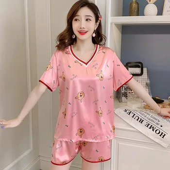 Summer Pajamas Suit Female Short-sleeved Shorts 2 Pieces of Ice Silk V-neck Cartoon Loose Simulation Silk 2020 New Home Service
Summer Pajamas Suit Female Short-sleeved Shorts 2 Pieces of Ice Silk V-neck Cartoon Loose Simulation Silk 2020 New Home Service