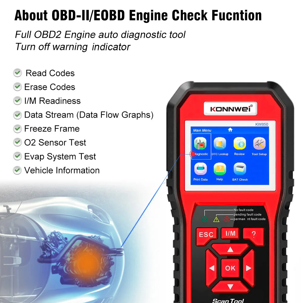 KONNWEI OBD2 Scanner KW850 Code Reader Vehicle Engine Diagnostic EOBD Scan Tool for all OBDII &CAN Protocol Cars Since 1996
KONNWEI OBD2 Scanner KW850 Code Reader Vehicle Engine Diagnostic EOBD Scan Tool for all OBDII &CAN Protocol Cars Since 1996