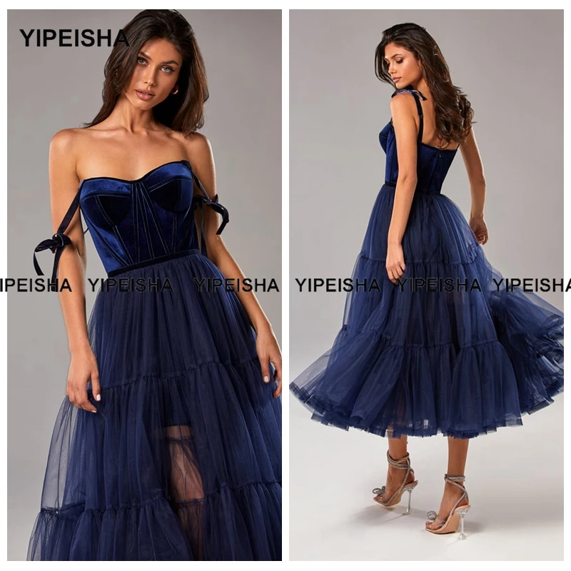 

Yipeisha Tea Length Navy Cocktail Dresses Spaghetti Straps A-line Prom Gown Tulle Velvet Short Homecoming Dress Robe de Soiree