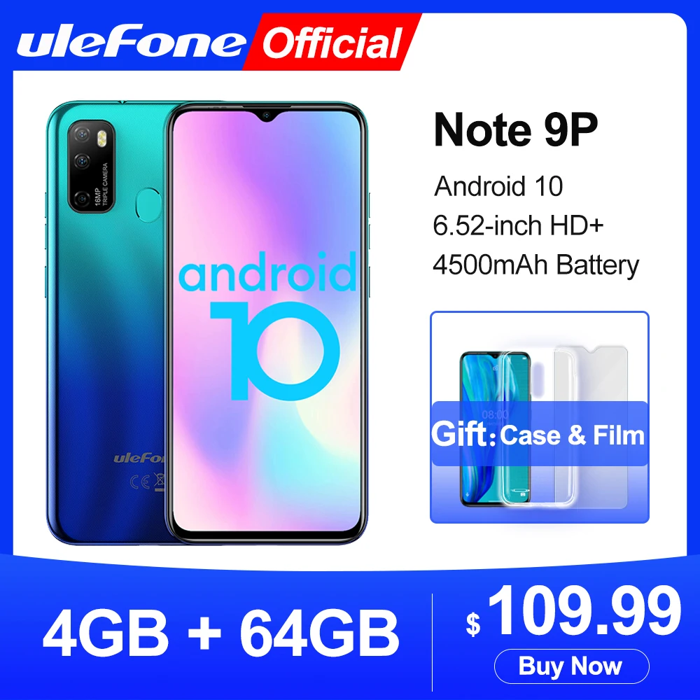 Ulefone Note 9P Smartphone Android 10 4GB+64GB Waterdrop Screen 6.52-inch Mobile phone Octa-core 4G Celular Phone
Ulefone Note 9P Smartphone Android 10 4GB+64GB Waterdrop Screen 6.52-inch Mobile phone Octa-core 4G Celular Phone