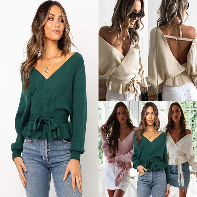 2019 Spring and Autumn Fashion v-neck tie with backless top Women's sweater A3
2019 Spring and Autumn Fashion v-neck tie with backless top Women's sweater A3