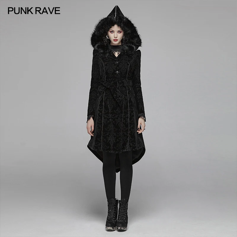 Фото Женское жаккардовое пальто с капюшоном длинное в готическом стиле панк-рейв зима