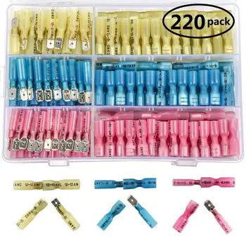 

220PCS Waterproof Kit Assortment Spade Wire Connectors Seal Heat Shrink Fully-Insulated Crimp Terminals 22-10ga Female & Male