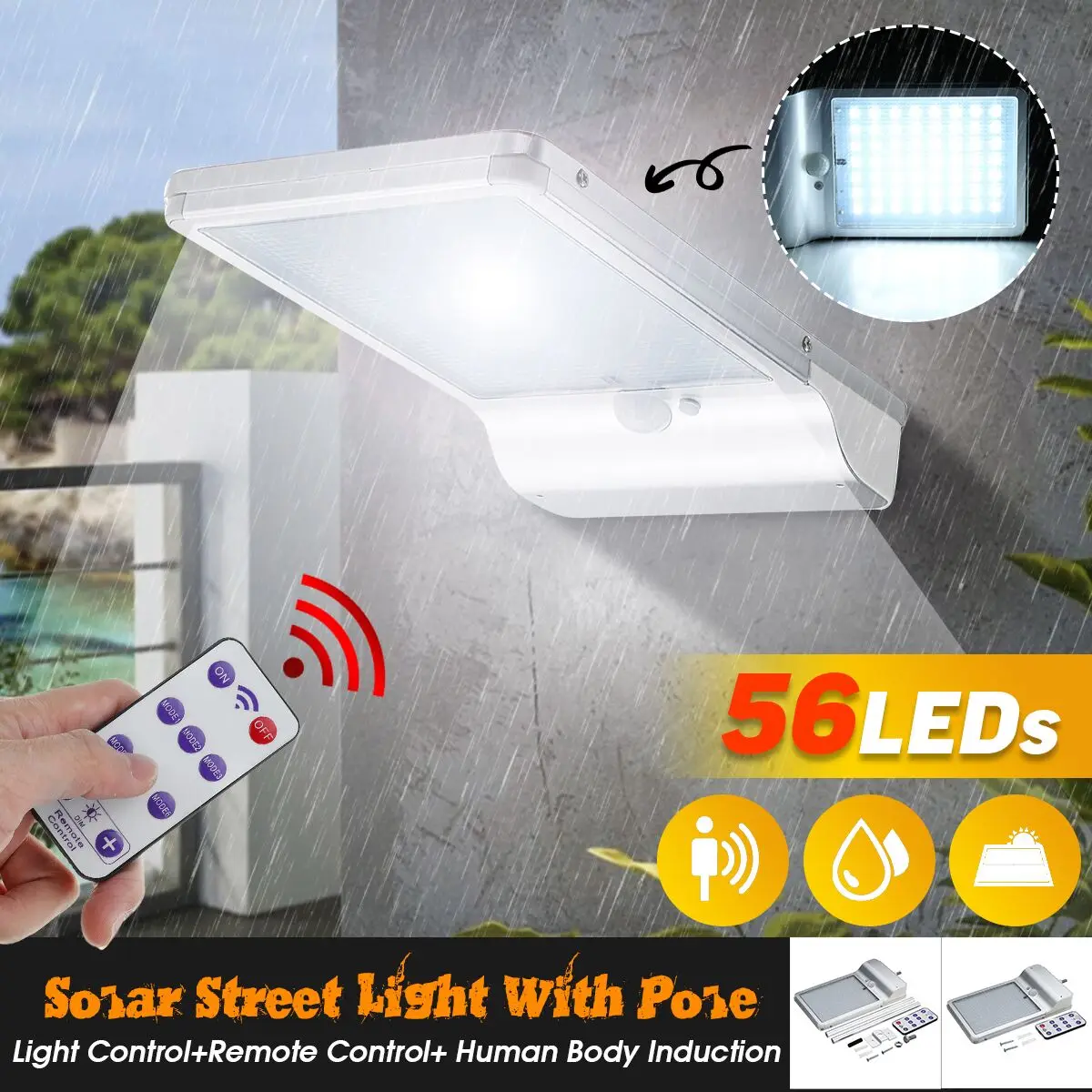Becornce 56LEDs 6 Modes Aluminum Alloy Waterproof IP65 Light Control+Remote Control+PIR Human Body Induction Solar Street Light
Becornce 56LEDs 6 Modes Aluminum Alloy Waterproof IP65 Light Control+Remote Control+PIR Human Body Induction Solar Street Light