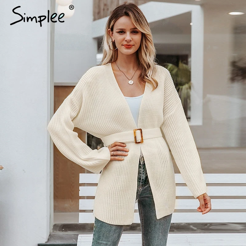 

Simplee Sash belt women knitted cardigans Casual flare sleeve autumn female cardigan sweater Loose v neck ladies white cardigans