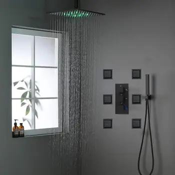 Shower System 16 Inch LED Rainfall Shower Head With 6 PCS Body Jets Set Bathroom Brass Ceiling Mounted Matte Black Shower Set
Shower System 16 Inch LED Rainfall Shower Head With 6 PCS Body Jets Set Bathroom Brass Ceiling Mounted Matte Black Shower Set