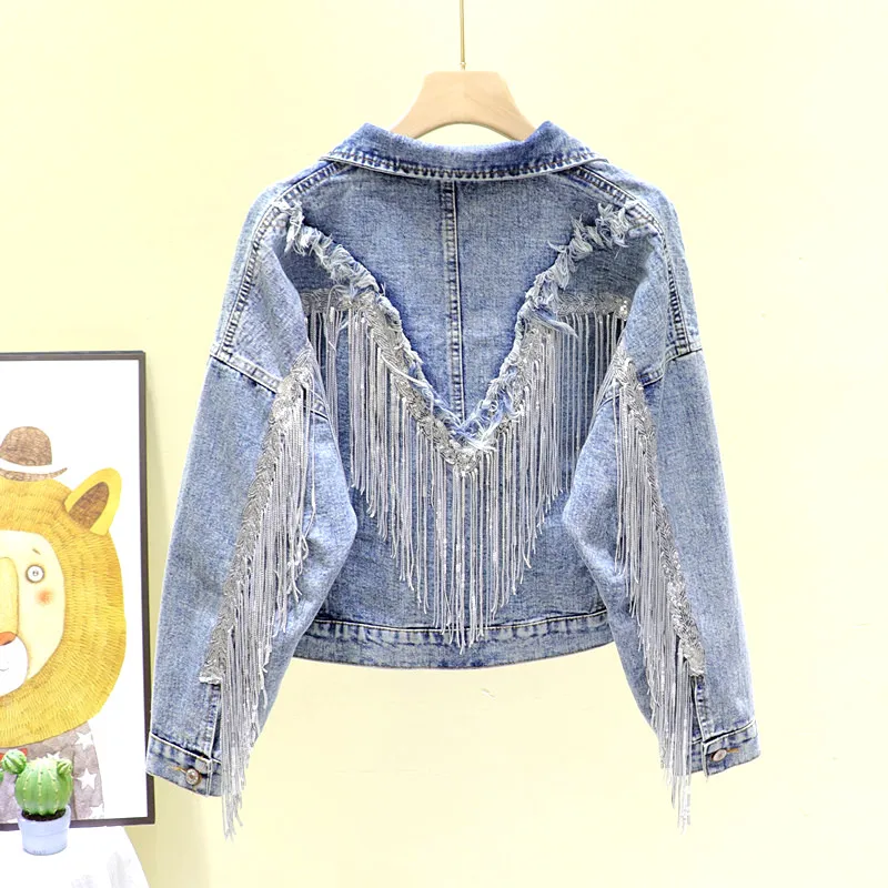 Spring Women's Short Harajuku Washed Back Tassels Sequins Burr Hole Denim jacket Fall Plus size Vintage Jeans jacket Streetwear
Spring Women's Short Harajuku Washed Back Tassels Sequins Burr Hole Denim jacket Fall Plus size Vintage Jeans jacket Streetwear