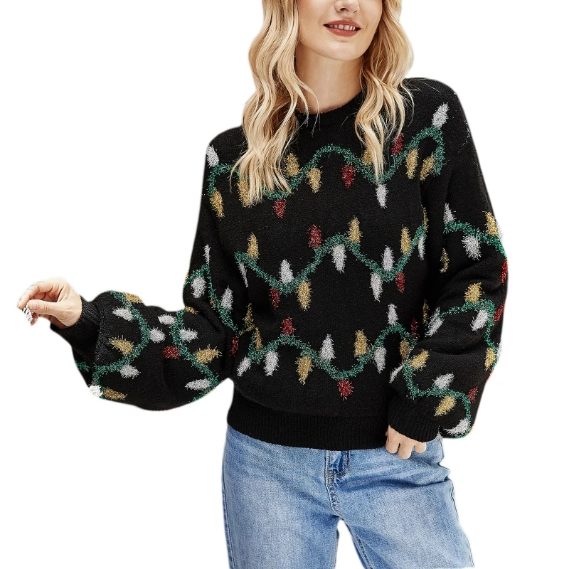 Women Christmas Long Sleeve Sweater Tinsel Colorful Lights Knitted Jumper Top
Women Christmas Long Sleeve Sweater Tinsel Colorful Lights Knitted Jumper Top