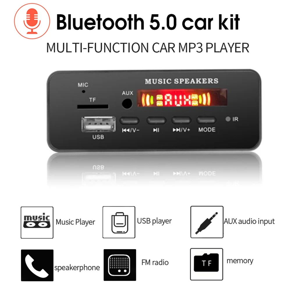12V Car Handsfree V5.0 Bluetooth Car Kit Mp3 Player WAV WMA Decoder Board FM USB TF Card 3.5mm AUX Wireless audio Receiver
12V Car Handsfree V5.0 Bluetooth Car Kit Mp3 Player WAV WMA Decoder Board FM USB TF Card 3.5mm AUX Wireless audio Receiver