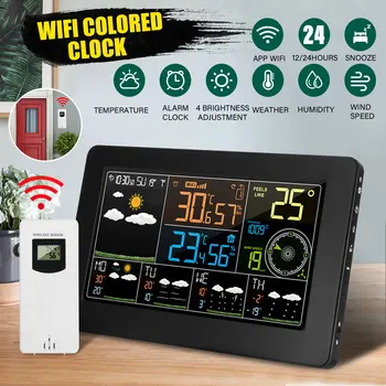 LED Wifi App Weather Station Alarm Clock Thermometer Barometer Wireless Sensor 4 Levels Backlight Wind Frost Warning Function