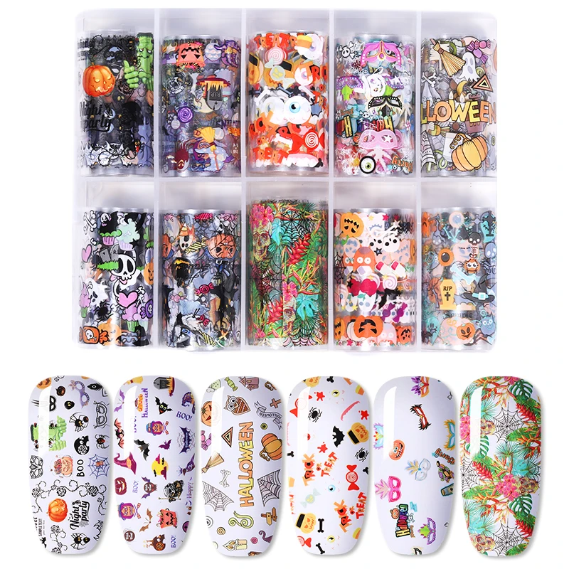 10 Rolls/Box Nail Stickers Halloween Theme Series Mixed Pattern Holographic Nail Foils Transfer Sticker Nail Art DIY Design
10 Rolls/Box Nail Stickers Halloween Theme Series Mixed Pattern Holographic Nail Foils Transfer Sticker Nail Art DIY Design