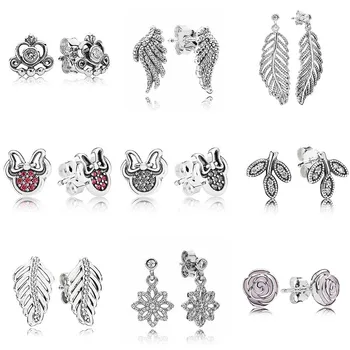 

Sparkling Statement Majestic Feathers Leaves 925 Sterling Silver Earrings Studs For Women Wedding Party Gift DIY Pandora Jewelry