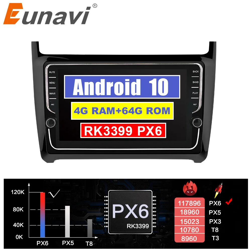 Фото Автомагнитола Eunavi 2 Din Android 10 GPS стерео для VW Polo sedan 2012-2016 навигация мультимедийный