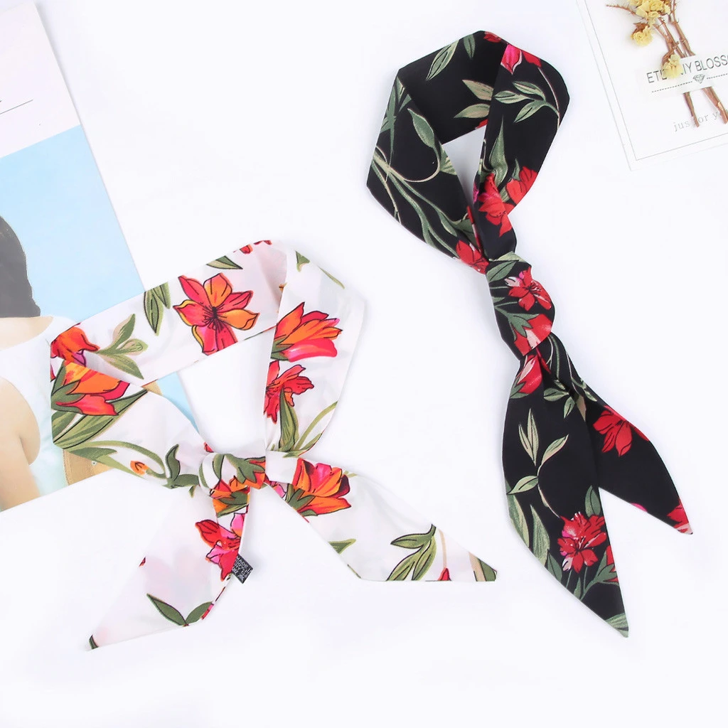 Square Scarf Hair Tie Band Flower Printing Business Party Women Elegant Small Vintage Skinny Retro Head Neck Scarf 919