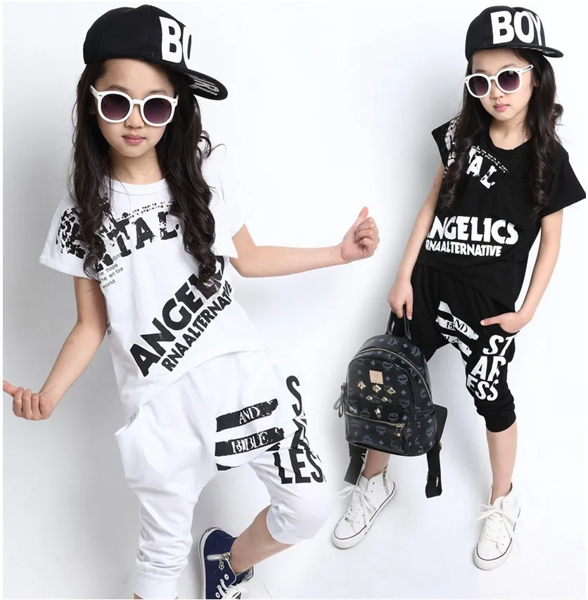 

2019 Summer Children's Hip Hop Style Clothing Sets Boys Girls Fashion Casual Tees + Harem Capris Pants Kids Clothes Twinset