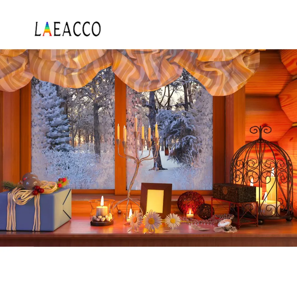 

Laeacco Photography Backdrops Christmas Candle Gift Flower Cage Window Winter Snow Pine Scene Backgrounds Photocall Photo Studio