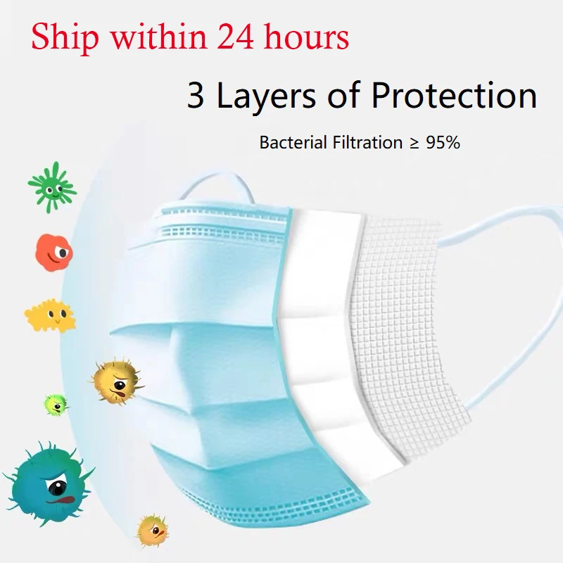 

50 Pcs Antivirus Disposable Mask Virus Nonwove 3 Layer Ply Filter Mouth Face Mask Dust BFE95 Meltblown Mouth Masks 50 Pcs