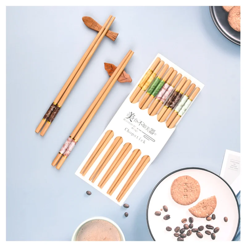 

10 Pairs Chopsticks Set Marbling Anti-skid Chinese style Sushi Rice Chopsticks Bamboo Wood Kitchen Tableware Dinnerware Set Gift