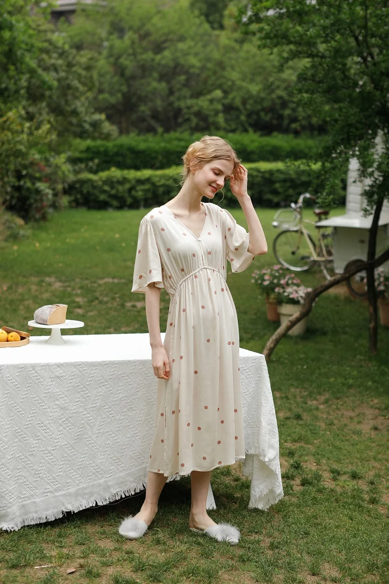 Hanxiuju Summer V- Neck Short Sleeve Nightgowns For Women Soft Viscose Polka Dot Nightwear Ladies Elegant Dress Autumn Spring 5 H577462eb5b964acf9e047a7f11c90a15y