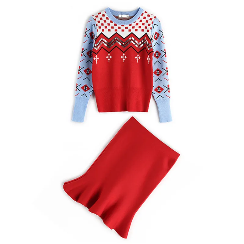 New 2020 Sweet Female Sweater Suit Geometric patterns Wave Sequined Pullover Knitted Tops+Bodycon Fishtail Skirt Two piece Sets
New 2020 Sweet Female Sweater Suit Geometric patterns Wave Sequined Pullover Knitted Tops+Bodycon Fishtail Skirt Two piece Sets