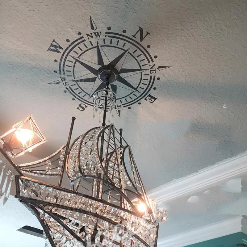 Large Ceiling Compass Ocean Wall Sticker Bedroom Living Room Nautical Beach Compass Copper Lamp Chandelier Wall Decal Vinyl (1)