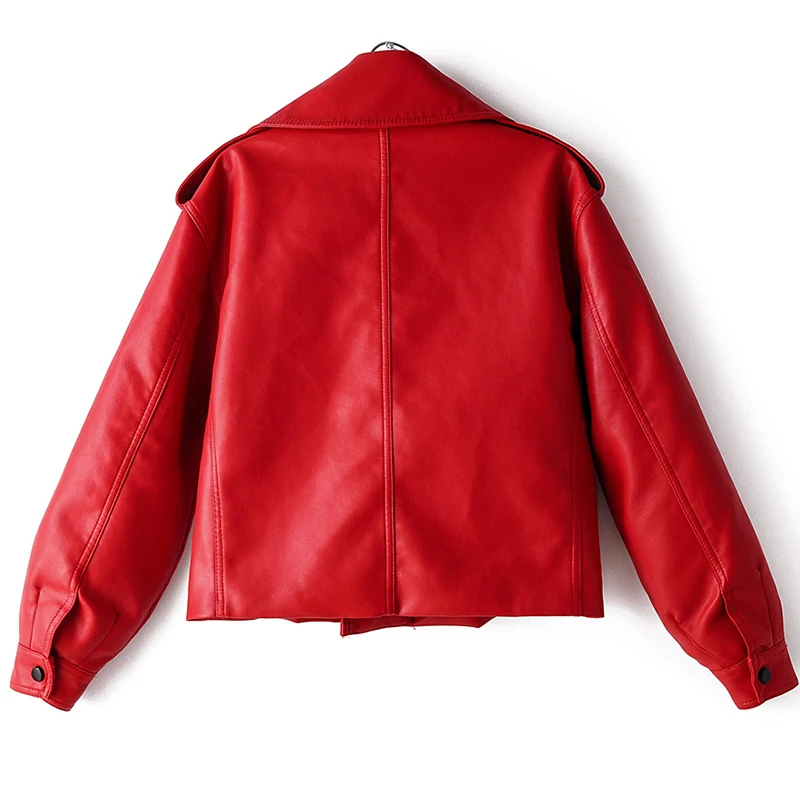 Black Red Women Faux Leather Jacket Pu Motorcycle Biker Coat Turn Down Collar Soft Faux Ladies Punk Outerwear Loose Streetwear