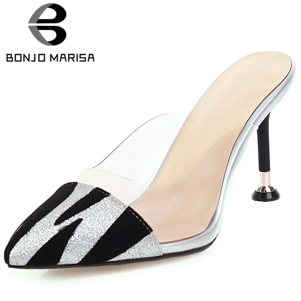 BONJOMARISA Ladies Fashion mixed-color Patchwork Mules Summer Daily slip-on Pumps Women Holiday High Heels Shoes Woman