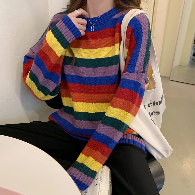 Loose Striped Rainbow Sweater Women Harajuku Hit Color Autumn Winter Sweaters Casual Korean Long Sleeve Knitted Sweater Pullover
Loose Striped Rainbow Sweater Women Harajuku Hit Color Autumn Winter Sweaters Casual Korean Long Sleeve Knitted Sweater Pullover
