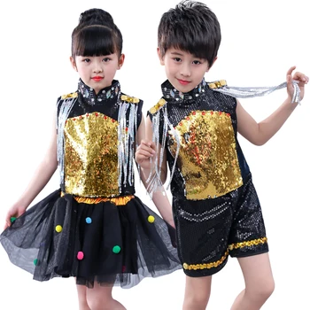 New Jazz Dance Costume Boys Girls Fringe Tops Sequin Pant Cheerleader Gauze Skirt Performance Wear Gold Sequins Stage Outfit 683 
New Jazz Dance Costume Boys Girls Fringe Tops Sequin Pant Cheerleader Gauze Skirt Performance Wear Gold Sequins Stage Outfit 683