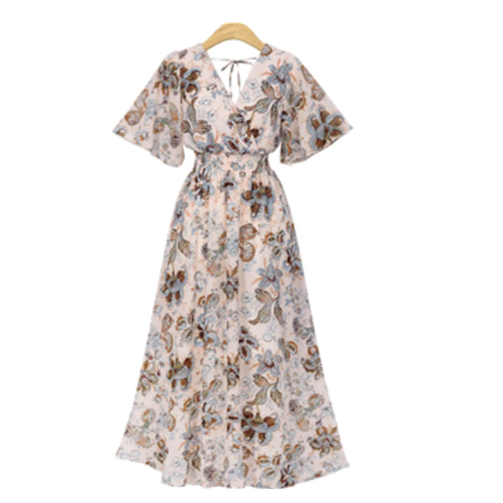 

2024 New Summer Vintage Beach Print Long Dress Floral Women Dress Bohemian Sexy V-Neck A-Line Short Sleeves Chiffon Dresse