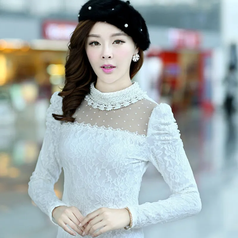 Autumn Winter 2020 Women Lace Embroidery Blouse Feminine Bead Pearl Collar Top Lady Puff Sleeve Lace Bottom Shirt Femina Blusa 
Autumn Winter 2020 Women Lace Embroidery Blouse Feminine Bead Pearl Collar Top Lady Puff Sleeve Lace Bottom Shirt Femina Blusa