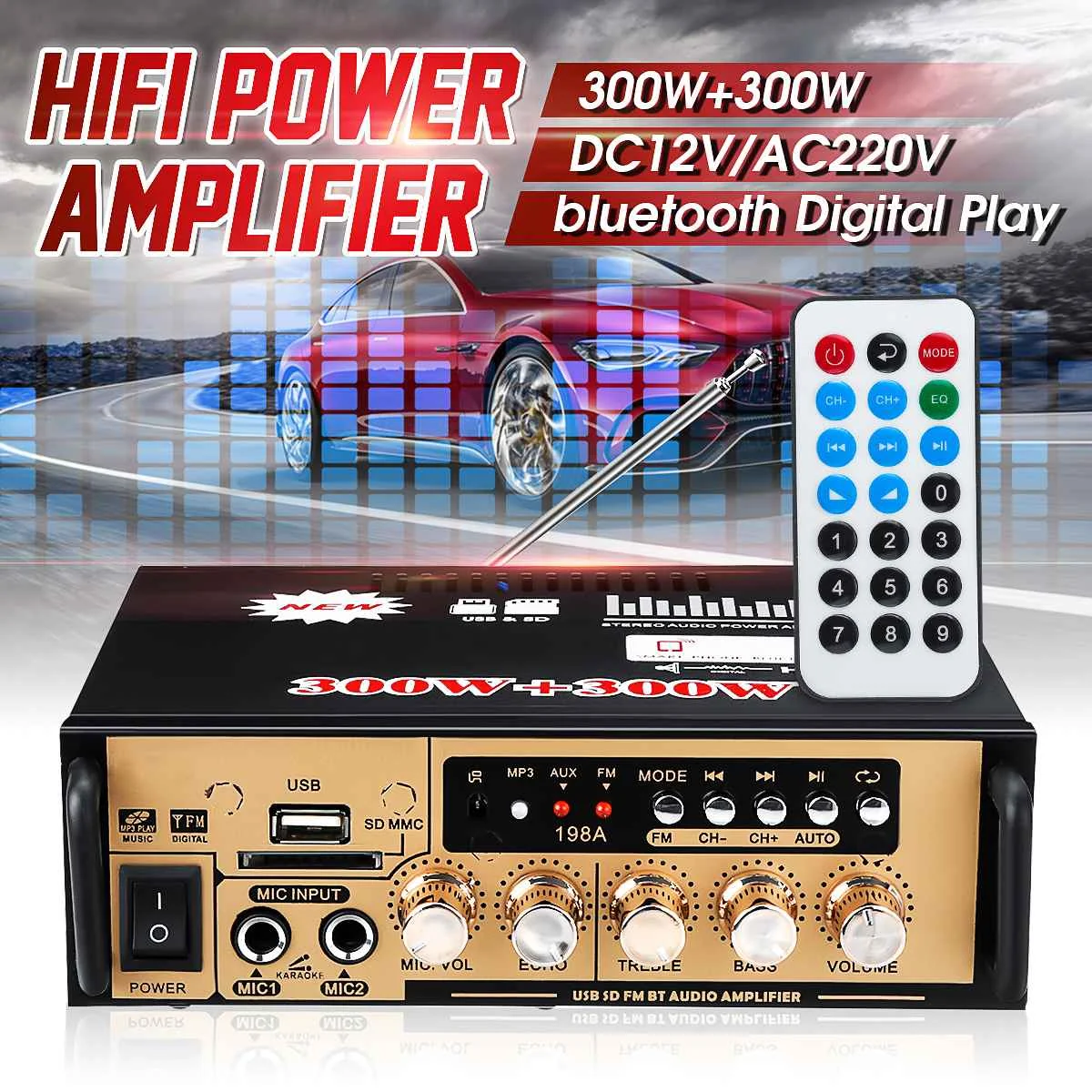 600W Car Audio Amplifier HIFI Stereo Amplifier bluetooth Karaoke Home Theater Amplifiers Mini Amplifier USB SD FM MP3 Player
600W Car Audio Amplifier HIFI Stereo Amplifier bluetooth Karaoke Home Theater Amplifiers Mini Amplifier USB SD FM MP3 Player