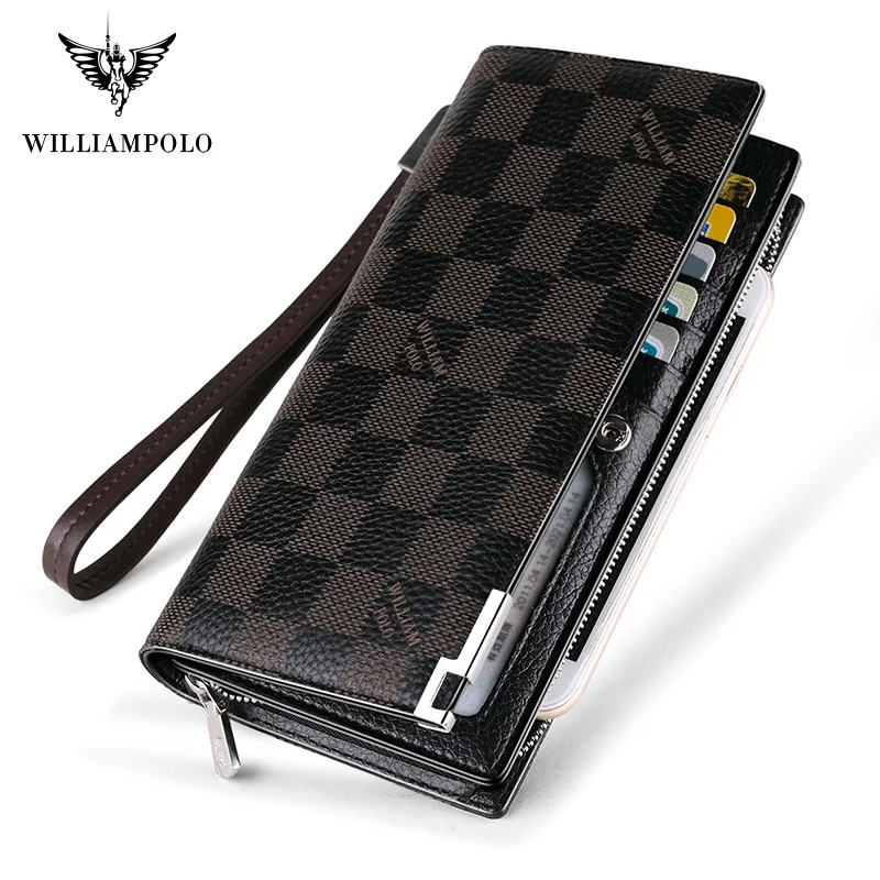 

WilliamPolo Long Wallets For Men Leather RFID Blocking Bifold Wallet with Zipper luxury brand zipper men clutches Credit Cards