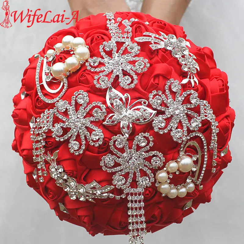 

WifeLai-A 18cm European Diamond Wedding Bouquet Red Satin Emulation Rose Bridesmaid Bouquet Wedding Flower Bridal Bouquets W2285