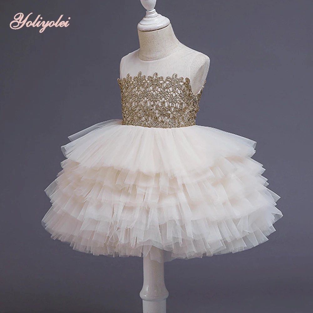 

Yoliyolei Ball Gown Baby Girls Princess Dresses 2022 Summer Evening Clothes Party Birthday Holiday Fluffy Tulle Shiny dresses