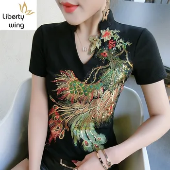 Chinese Style Vintage Womens Animal Embroidery Floral Sequins T-Shirts High Street V-Neck Slim Fit Cotton Tees Female Plus Size
Chinese Style Vintage Womens Animal Embroidery Floral Sequins T-Shirts High Street V-Neck Slim Fit Cotton Tees Female Plus Size