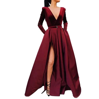 Burgundy Long Sleeves Evening Dresses 2020 Elegant Velvet Belt Long Formal Gowns Sexy Deep V-Neck Satin Prom Dress 
Burgundy Long Sleeves Evening Dresses 2020 Elegant Velvet Belt Long Formal Gowns Sexy Deep V-Neck Satin Prom Dress